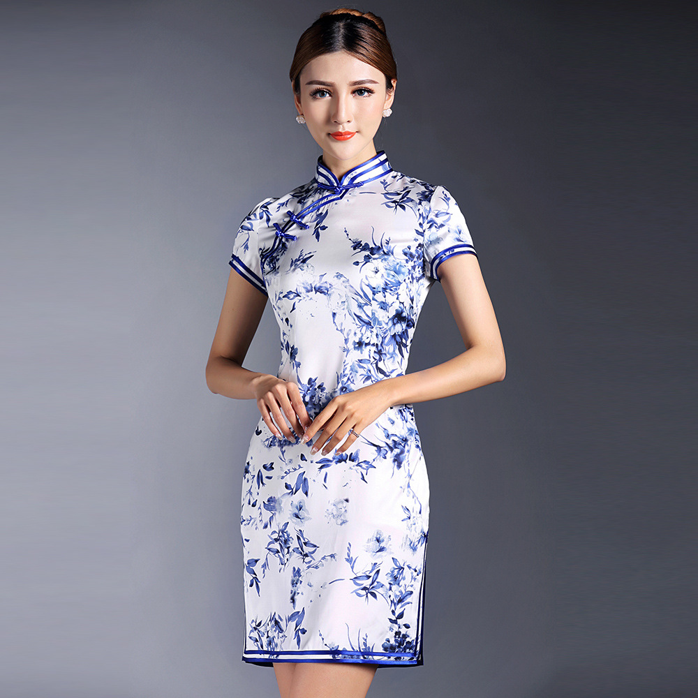 Pretty Blue Floral Print Qipao Cheongsam Dress Qipao Cheongsam 