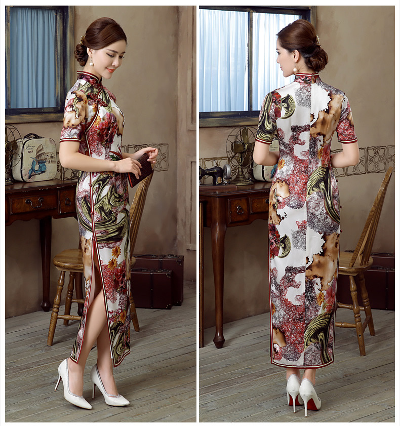 Extravagant Print Silk Long Qipao Cheongsam Dress Qipao Cheongsam And Dresses Women 