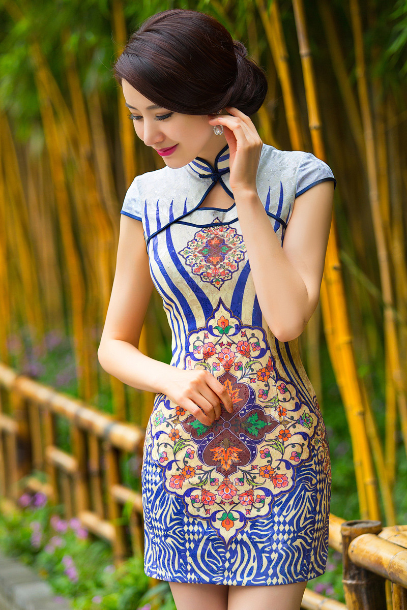 Modern Enamel Print Short Qipao Cheongsam Dress