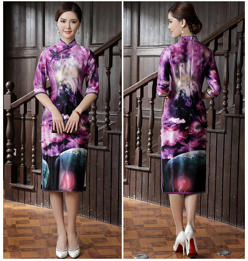 Magic Purple Print Fine Silk Cheongsam Qipao Dress Qipao Cheongsam And Dresses Women 