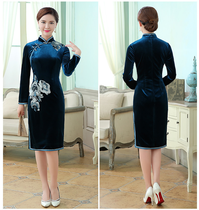 Marvelous Embroidery Velvet Qipao Cheongsam Dress Blue Qipao Cheongsam And Dresses Women 