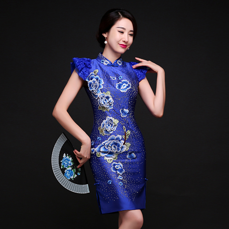 Superb Embroidery Modern Qipao Cheongsam Dress Blue Qipao Cheongsam And Dresses Women 