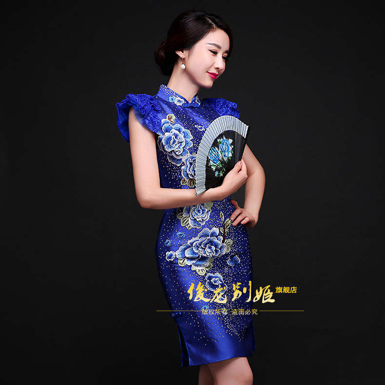 Superb Embroidery Modern Qipao Cheongsam Dress Blue Qipao Cheongsam And Dresses Women 