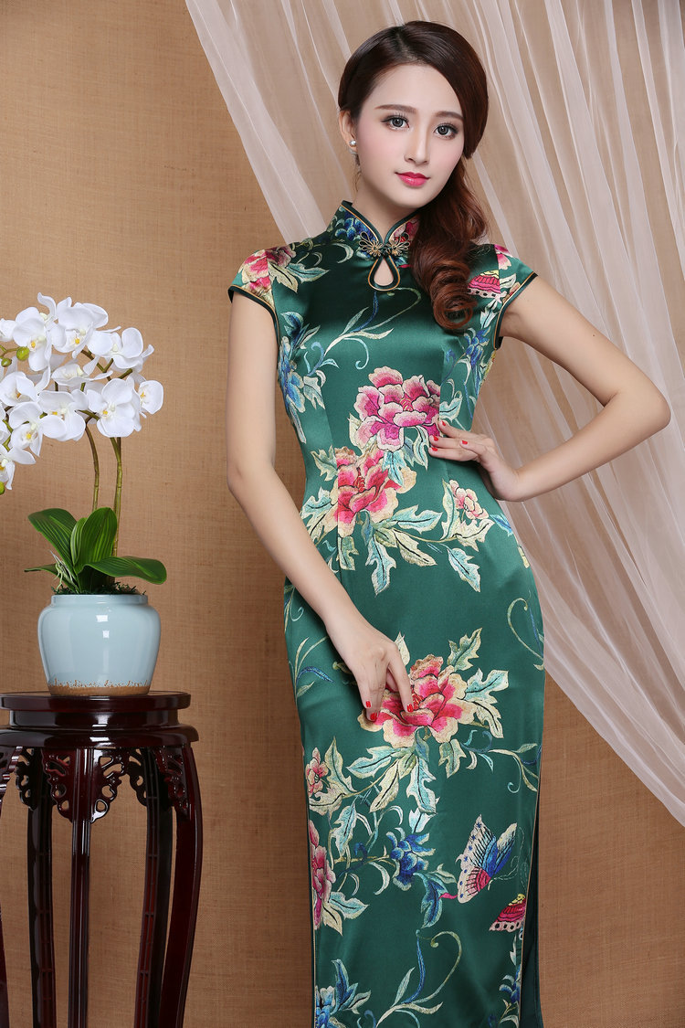 Spectacular Peony Flowers Mid Calf Qipao Cheongsam Dress Green Qipao Cheongsam And Dresses Women 