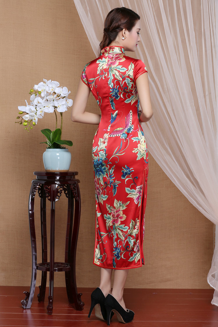 Spectacular Peony Flowers Mid Calf Qipao Cheongsam Dress Red Qipao