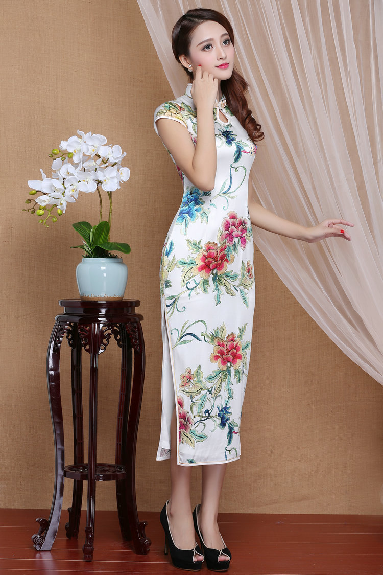 Spectacular Peony Flowers Mid Calf Qipao Cheongsam Dress White