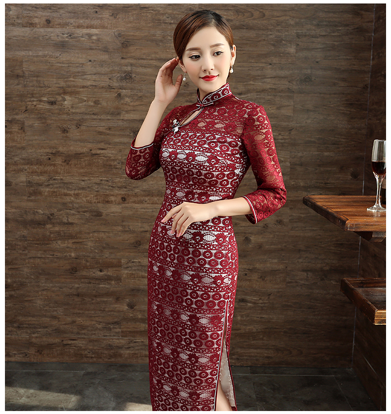 Lovely Modern Lace Back Zip Qipao Cheongsam Dress Claret Qipao Cheongsam And Dresses Women 