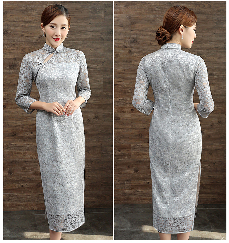 Lovely Modern Lace Back Zip Qipao Cheongsam Dress Gray Qipao