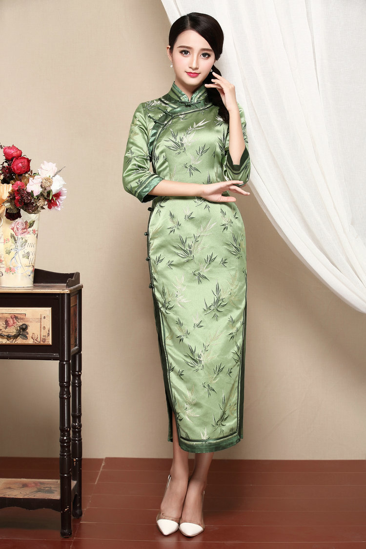 Fabulous Green Brocade Mid Calf Cheongsam Qipao Dress Qipao Cheongsam