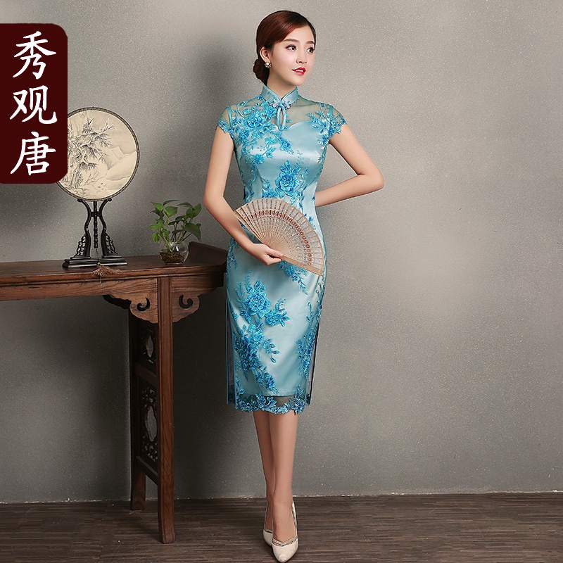 Superb Embroidery Lace Qipao Cheongsam Dress Blue Qipao Cheongsam And Dresses Women 