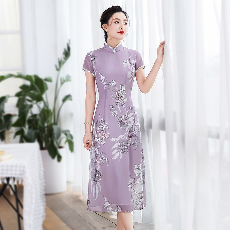 Floral Print Chiffon Qipao Cheongsam Dress Light Purple Qipao Cheongsam And Dresses Women 