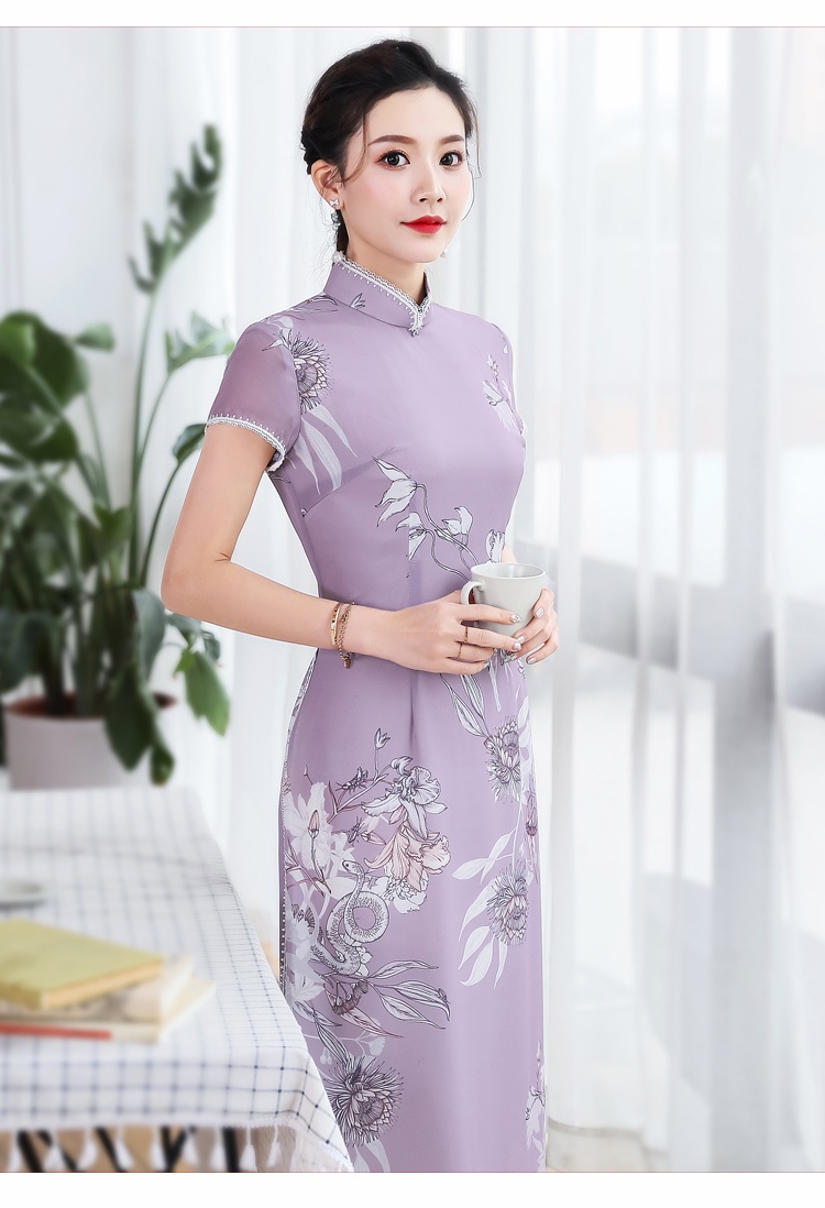 Floral Print Chiffon Qipao Cheongsam Dress Light Purple Qipao Cheongsam And Dresses Women 