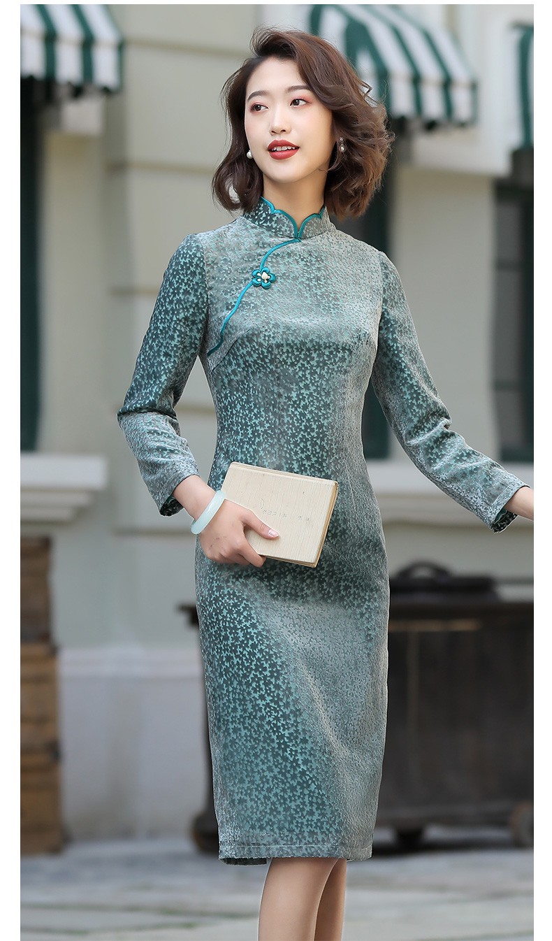 Long Sleeve Velvet Chinese Dress Qipao Cheongsam Blue Qipao Cheongsam And Dresses Women 