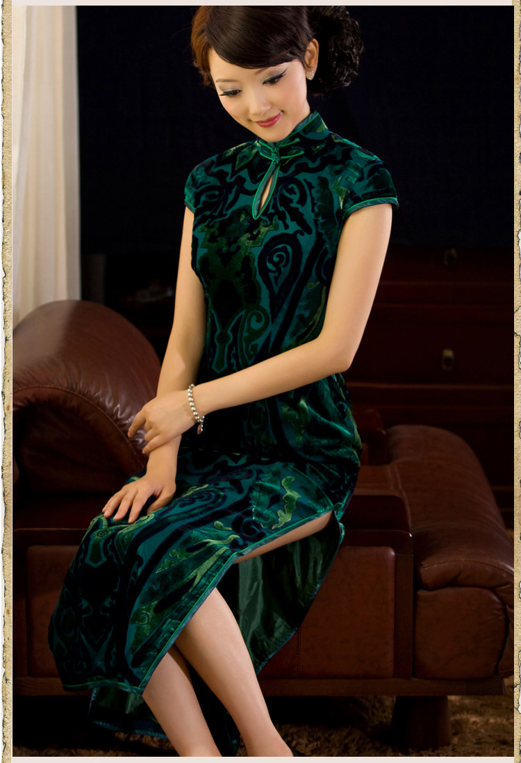Luxury Velvet Classical Long Cheongsam Green Qipao Cheongsam 