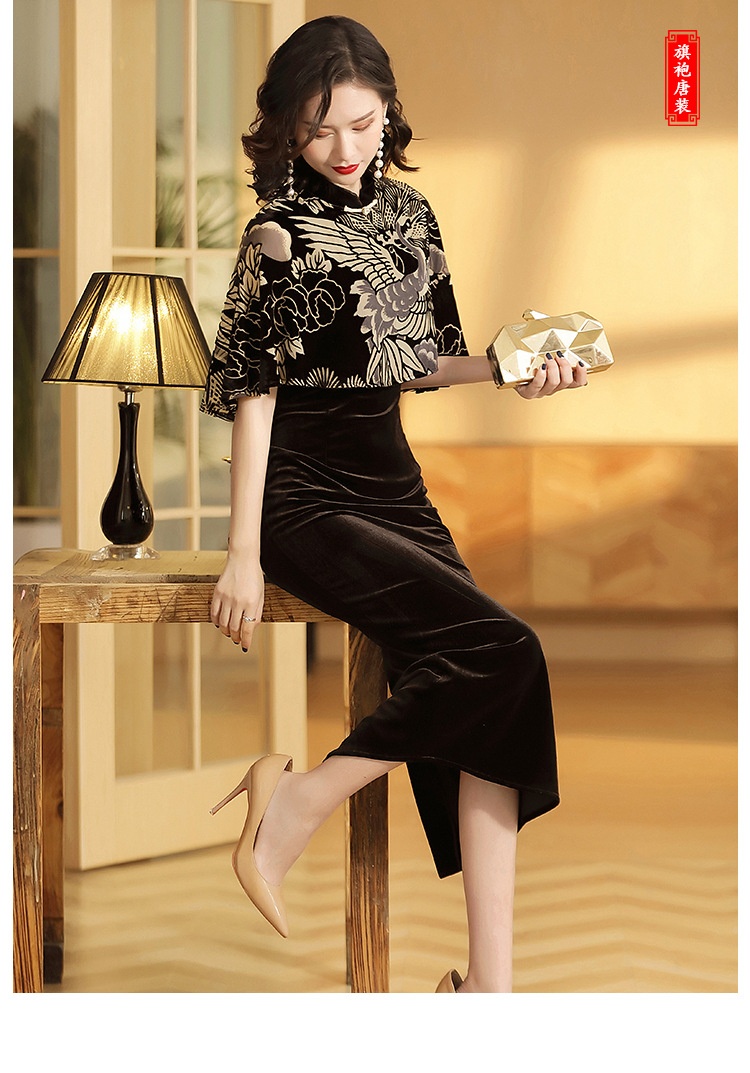 Modern Cape Sleeve Velvet Qipao Cheongsam Chinese Dress Qipao