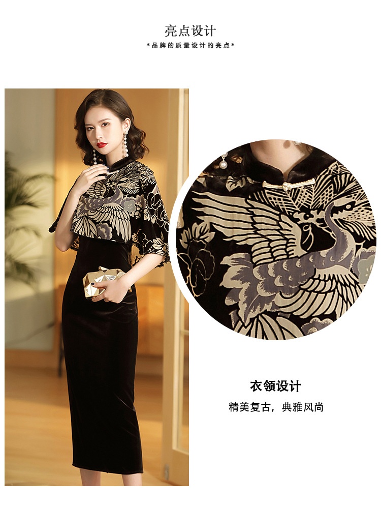 Modern Cape Sleeve Velvet Qipao Cheongsam Chinese Dress Qipao