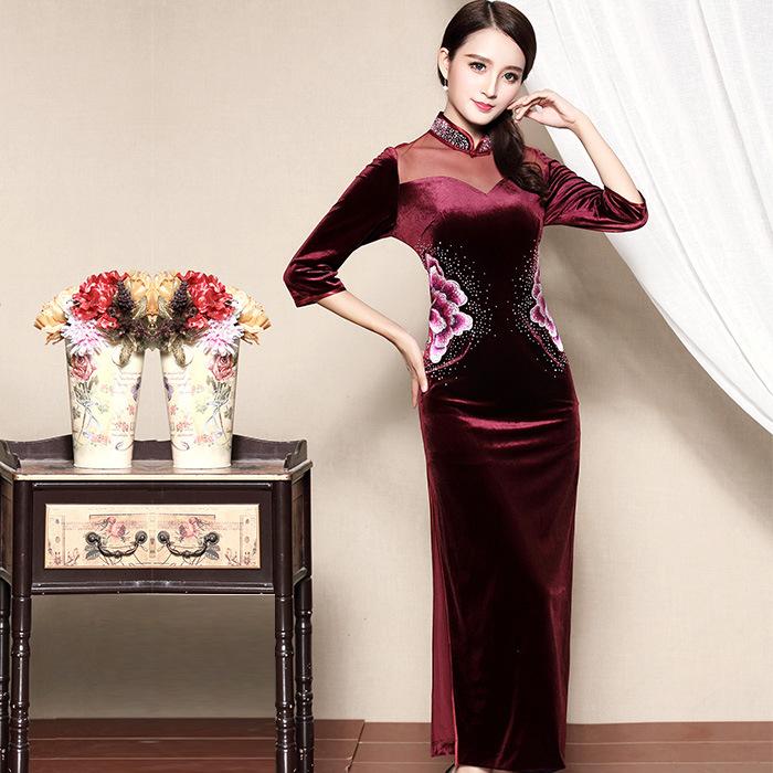 Wonderful Embroidery Velvet Cheongsam Qipao Dress Claret Qipao Cheongsam And Dresses Women 