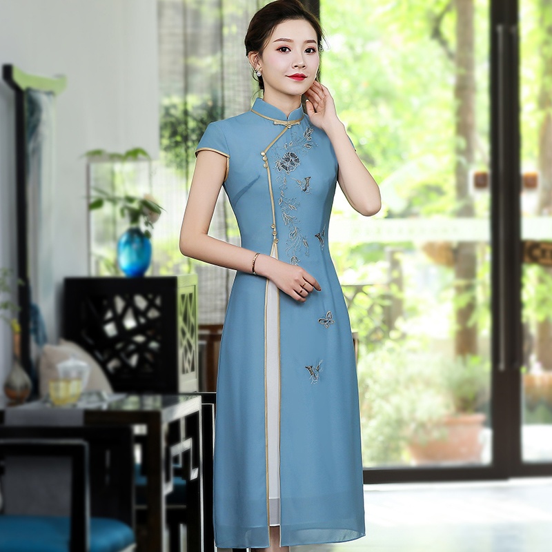 Gorgeous Embroidery Chinese Dress Qipao Cheongsam Blue Qipao 