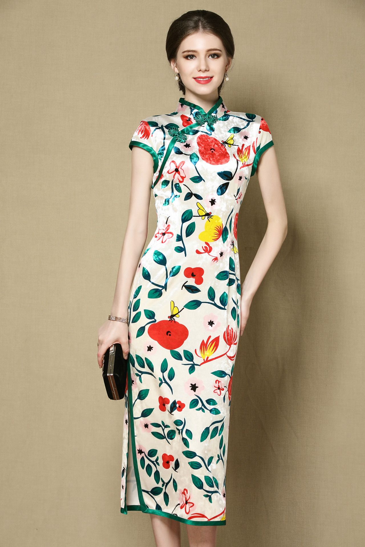 Beautiful Flower Print Velvet Qipao Cheongsam Dress Qipao Cheongsam And Dresses Women 9444