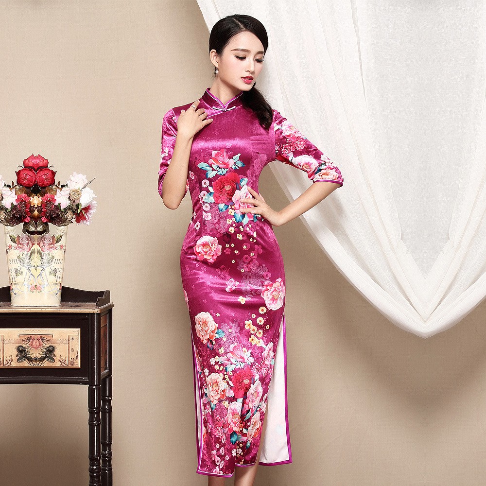 Impressive Floral Velvet Chinese Qipao Cheongsam Dress Qipao 
