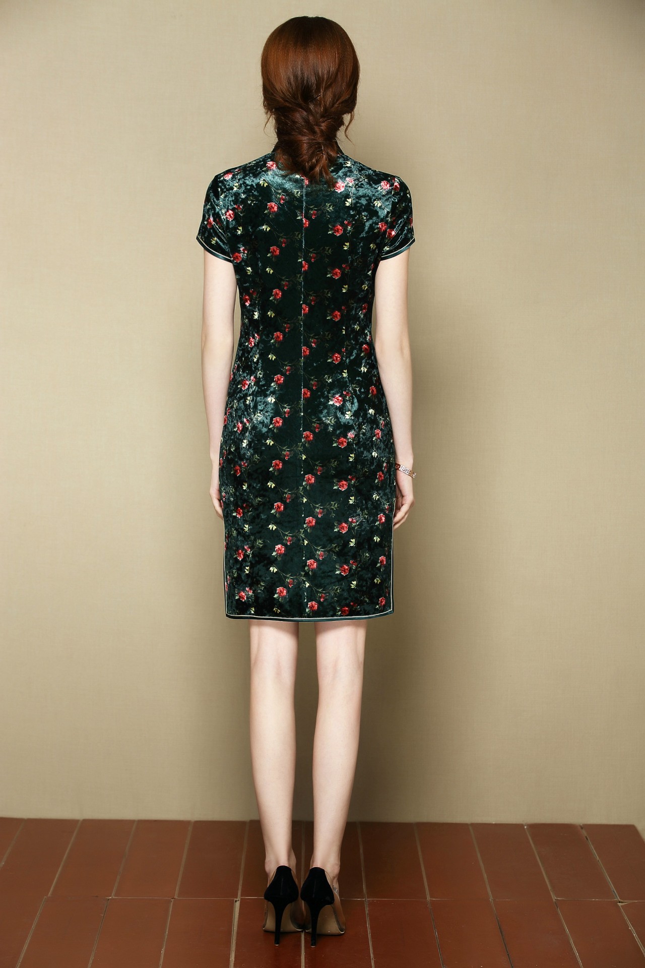 Lovely Floral Print Velvet Cheongsam Qipao Dress Green Qipao Cheongsam And Dresses Women