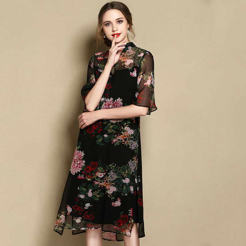 Resplendent Peony Flowers Silk Qipao Cheongsam Dress Qipao Cheongsam Dresses Women