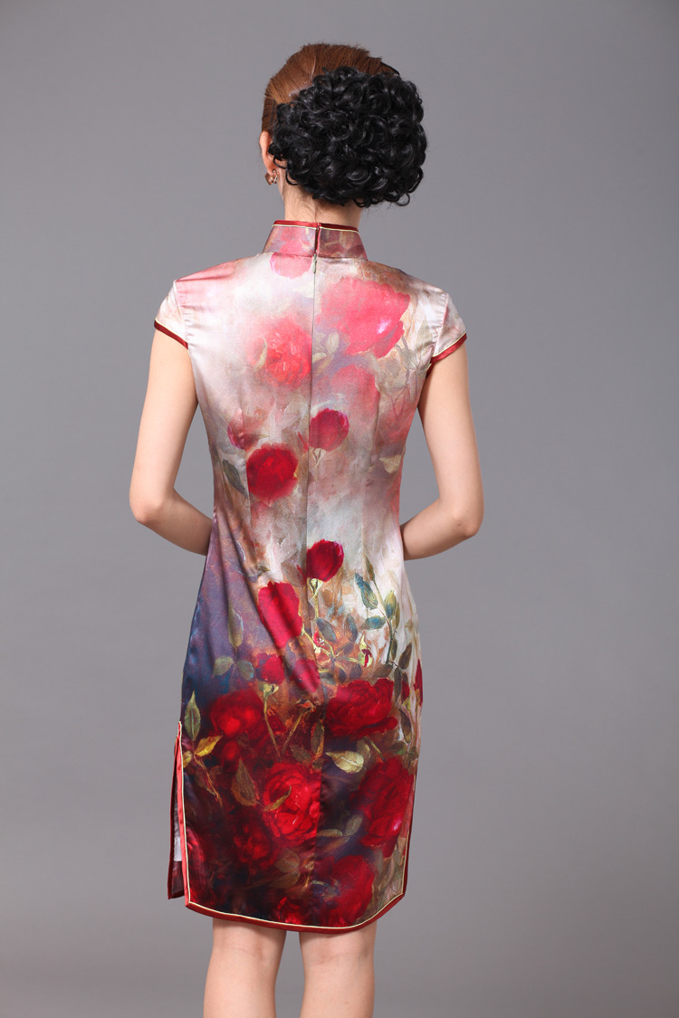 Red Peony Flowers Painting Silk Cheongsam Qipao Cheongsam Dresses Women