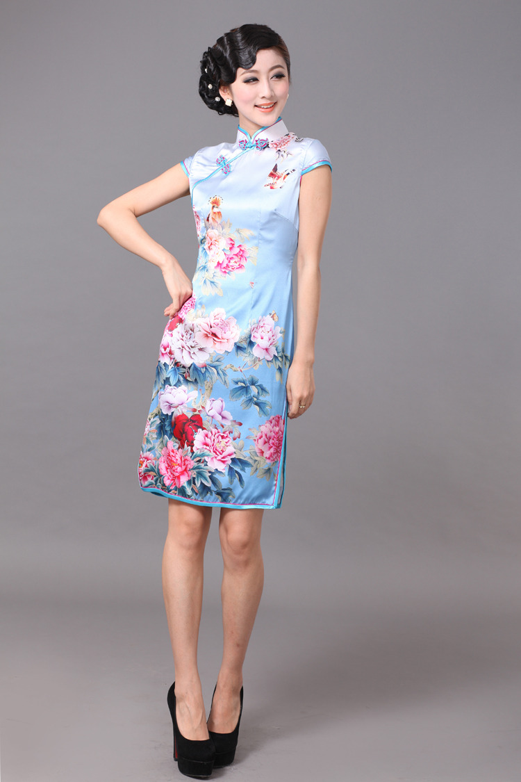 Impressive Peony Flowers Silk Cheongsam Blue Qipao Cheongsam Dresses Women