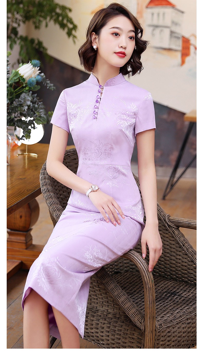 Mid-calf Chinese Dress Qipao Cheongsam - Light Purple - Qipao Cheongsam