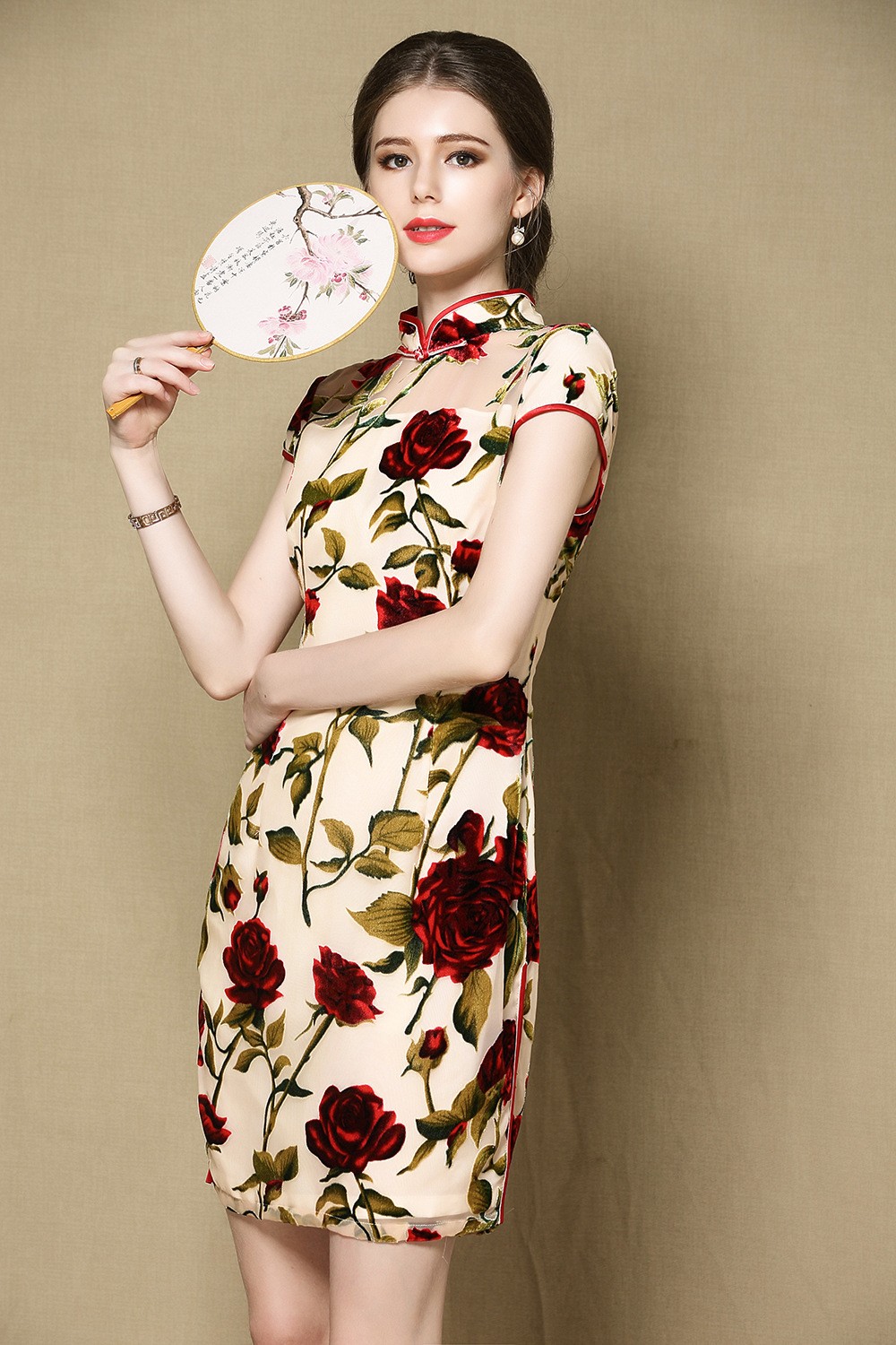 Rose Flowers Flocked Velvet Qipao Cheongsam Dress Red Qipao Cheongsam And Dresses Women 