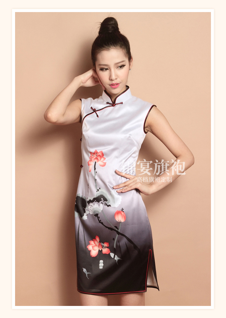 Custom Made Beautiful Lotus Flowers Silk Cheongsam Qipao Dress Qipao Cheongsam And Dresses Women 