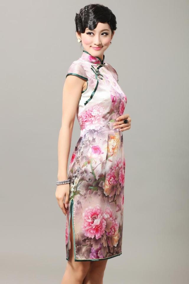 Enlightening Peony Flowers Silk Cheongsam Qipao Cheongsam Dresses Women