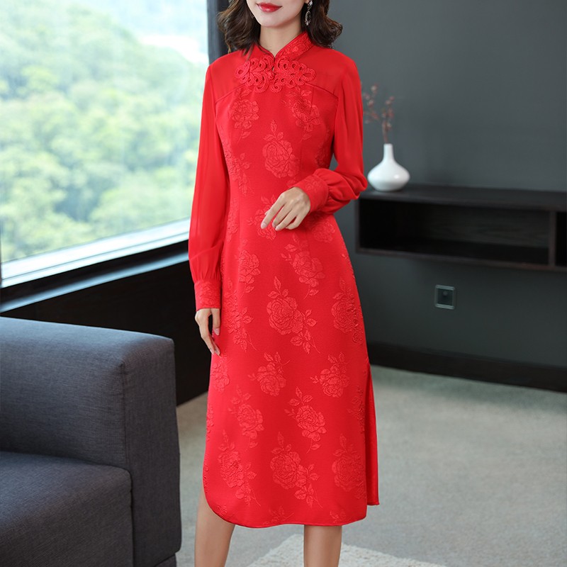 Modern Long Sleeve Qipao Cheongsam Dress Red Qipao Cheongsam And Dresses Women 