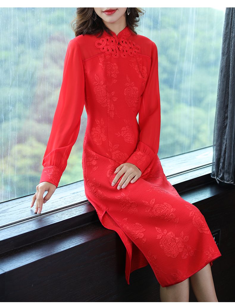 Modern Long Sleeve Qipao Cheongsam Dress Red Qipao Cheongsam And Dresses Women 