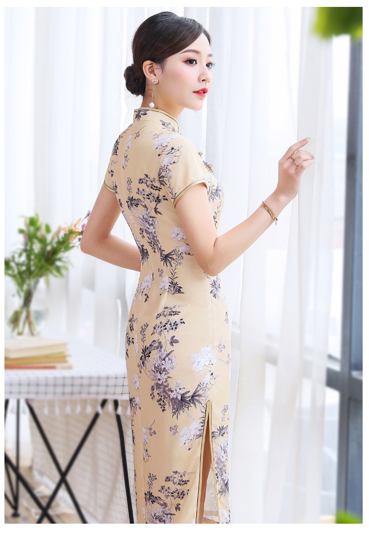 Nice Floral Print Chinese Dress Qipao Cheongsam Yellow Qipao Cheongsam And Dresses Women 4255