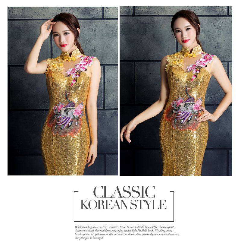 Pretty Embroidery Long Qipao Cheongsam Dress Yellow Qi
