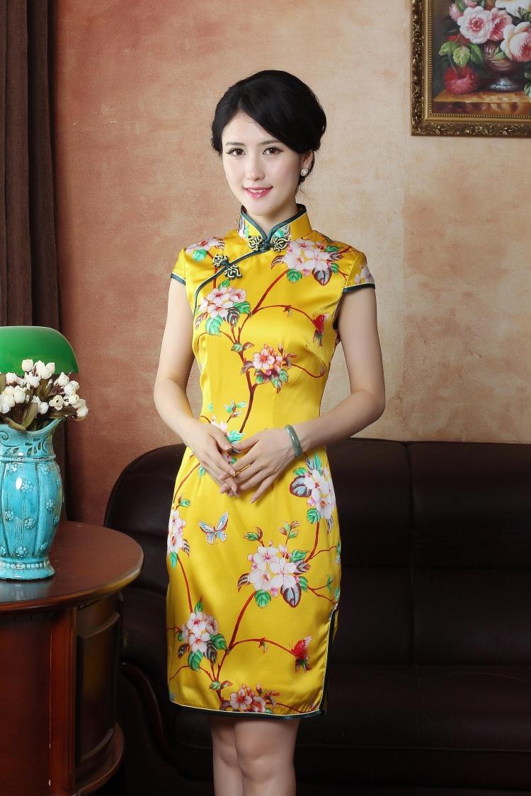 Interlocking Flowers Print Silk Cheongsam Qipao Dress Qipao Cheongsam And Dresses Women