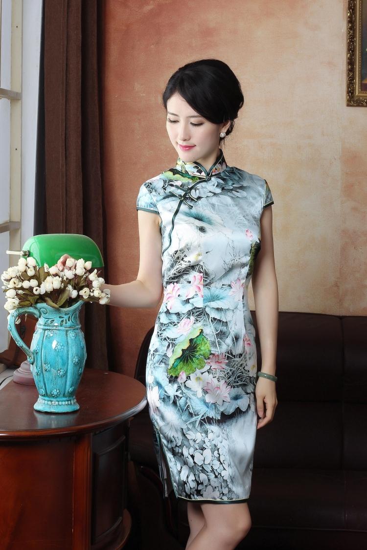 Beautiful Lotus Flowers Print Silk Cheongsam Qipao Dress Qipao Cheongsam And Dresses Women 