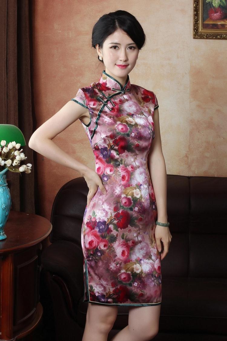 Gleaming Flowers Print Short Silk Cheongsam Qipao Dress Qipao Cheongsam And Dresses Women 