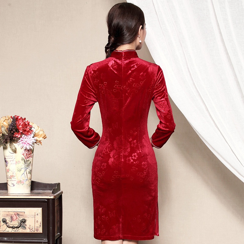 Delightful Red Velvet Chinese Dress Cheongsam Qipao Qipao Cheongsam