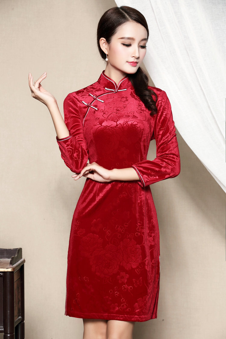 Delightful Red Velvet Chinese Dress Cheongsam Qipao Qipao Cheongsam