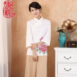 Peony Flowers Print Cheongsam Style Blouse White