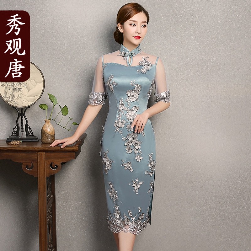 Striking Roses Embroidery Cheongsam Qipao Dress Light Blue Qipao Cheongsam And Dresses Women 