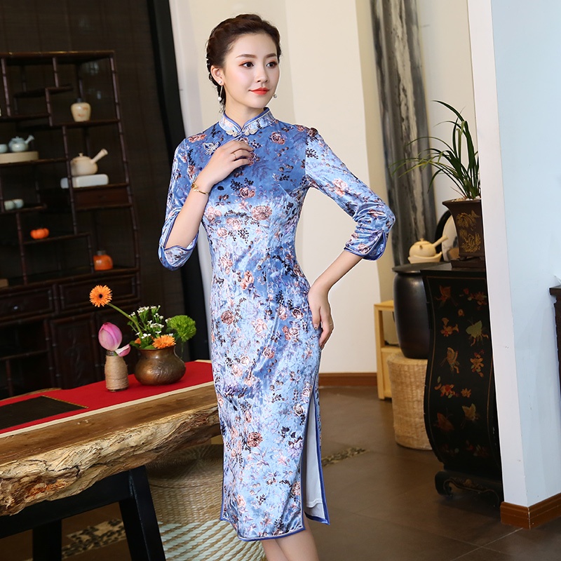 Pretty Cheongsam Qipao Dress Floral Print Velvet - Qipao Cheongsam ...