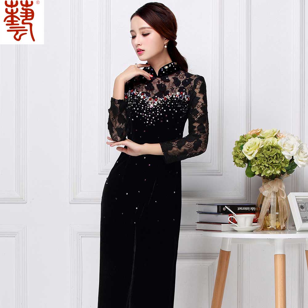 Pretty Beaded Velvet Chinese Dress Qipao Cheongsam - Black - Qipao ...