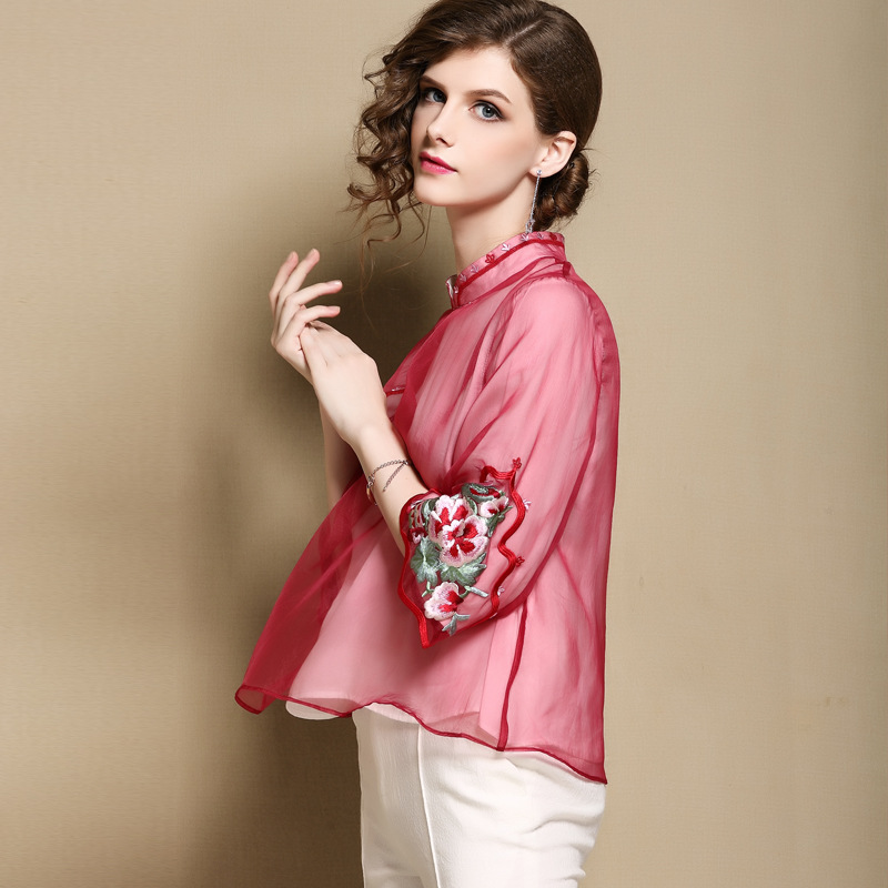 Nice Floral Embroidery Chiffon Qipao Cheongsam Blouse - Chinese Shirts ...