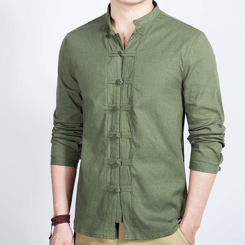 Seven Frog Buttons Stand-up Collar Shirt - Green - Chinese Shirts ...