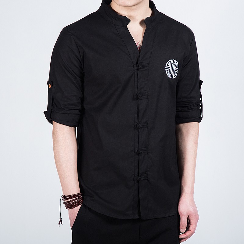 Nice Embroidery Frog Button Mandarin Shirt - Black - Chinese Shirts ...