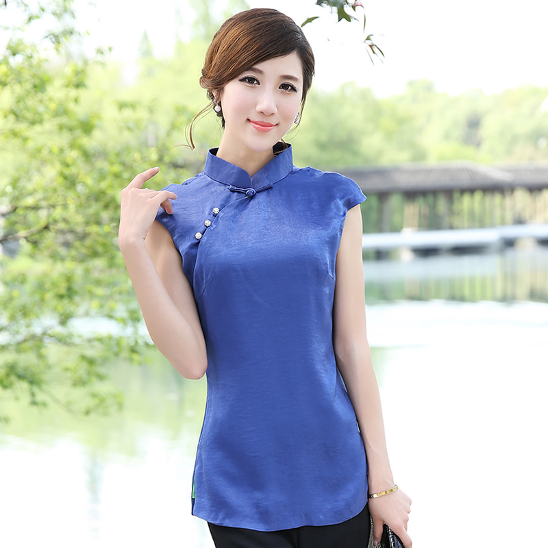Elegant Modern Mandarin Qipao Style Shirt - Blue - Chinese Shirts ...