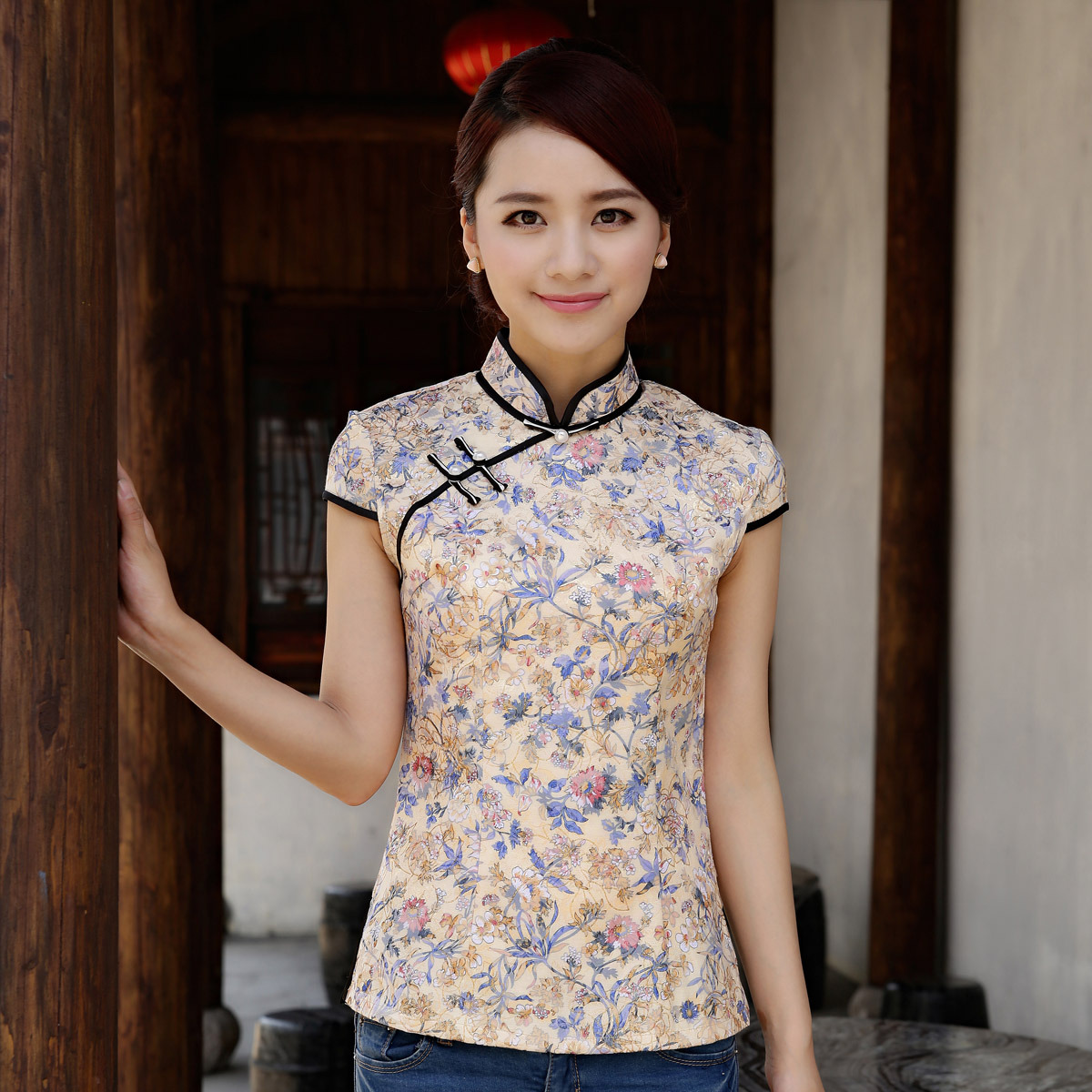 Enchanting Flowers Classical Cheongsam Shirt - Yellow - Chinese Shirts ...